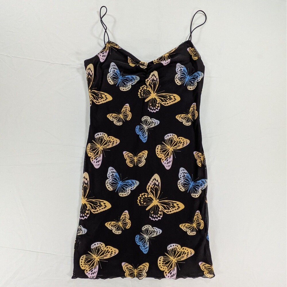 Forever 21 Slip Dress Women Size L Black with Yellow Blue Butterflies Sleeveless